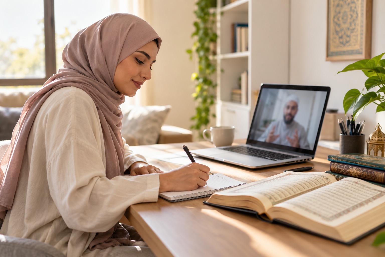 Illustrative sample of an adult studying Quran online at home
